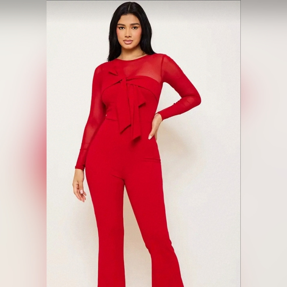 NWOT SYMPHONY Elegant Red Jumpsuit with Front Bow